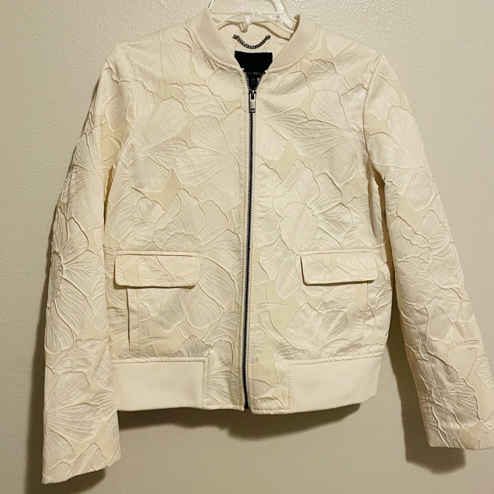 Banana Republic Ivory Floral Jacquard Zip Up Bomber Jacket Sz M